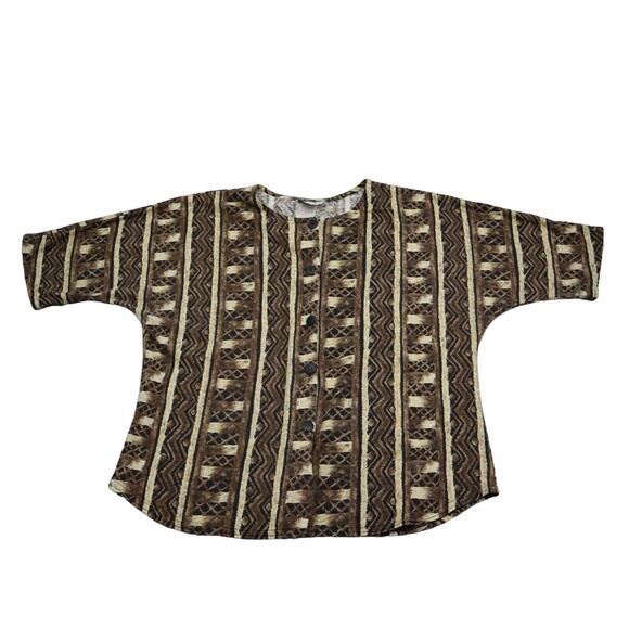 Box Office Shirt Womens L Brown Pinstriped Button Up Short Sleeve Round Neck - Picture 1 of 15